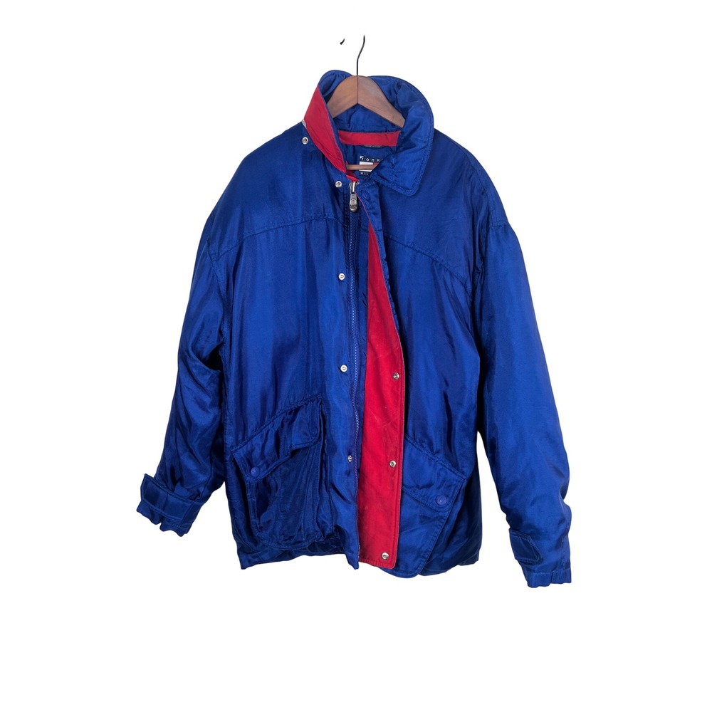 Tommy Hilfiger Men's Blue Red Down Puffer Zip Up Jacket Large Vintage Patches